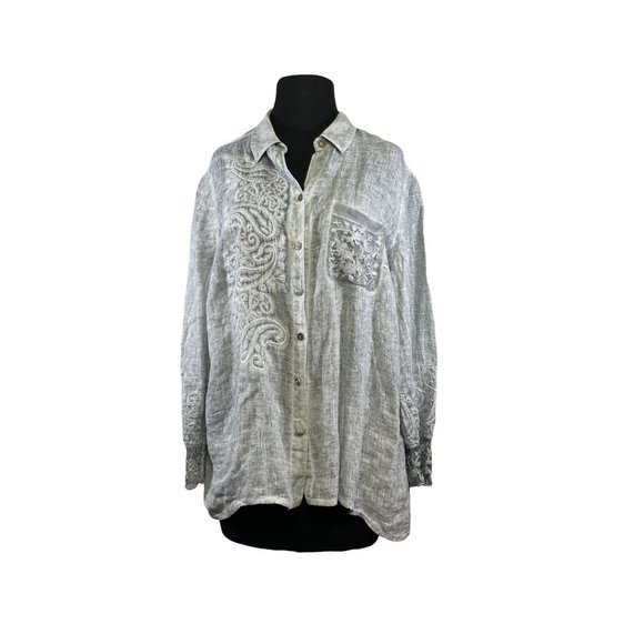 Chico's Women's Size 2  Button Down Linen Lace Inset Embroidered Shirt Blue - Picture 1 of 11
